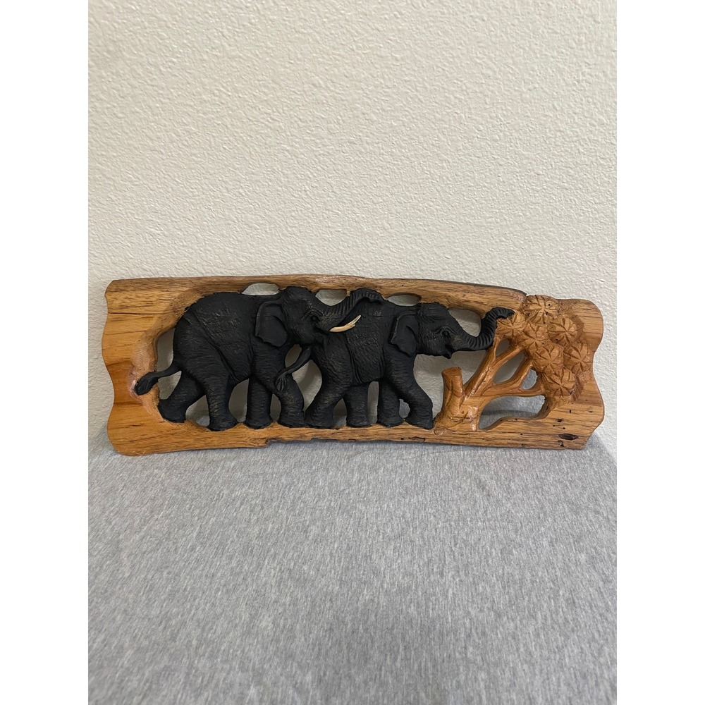 Unbranded Hand Carved Elephant Wood Wall Plaque Brown Black Excellent Relief Art
